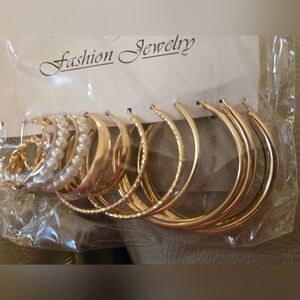 Gold and Pearl Hoop Earring Set, 6 Pairs, Pierced